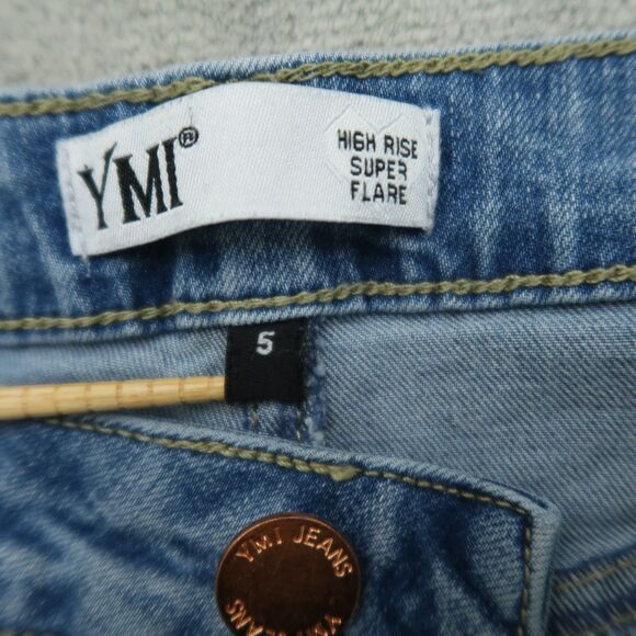 YMI Jeans Junior's Size 5 Blue High-Rise Super Flare Denim 32" Inseam Distressed - Picture 10 of 16